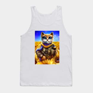 Ukrainian cat warrior in a field of sunflowers Tank Top